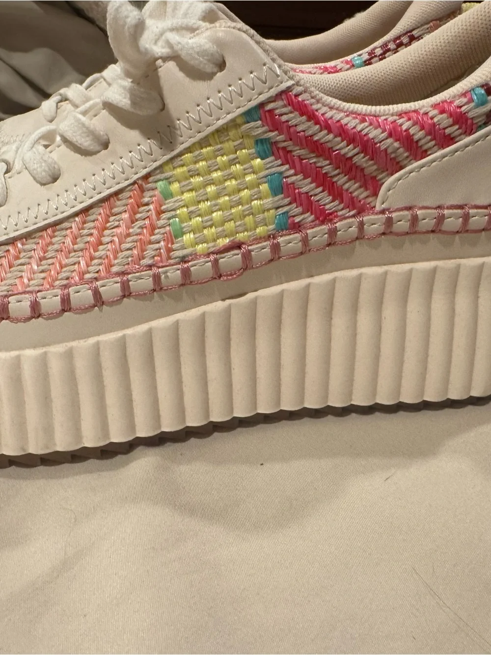 Dolce Vita White Sneakers with Pink & Turquoise Woven Accents